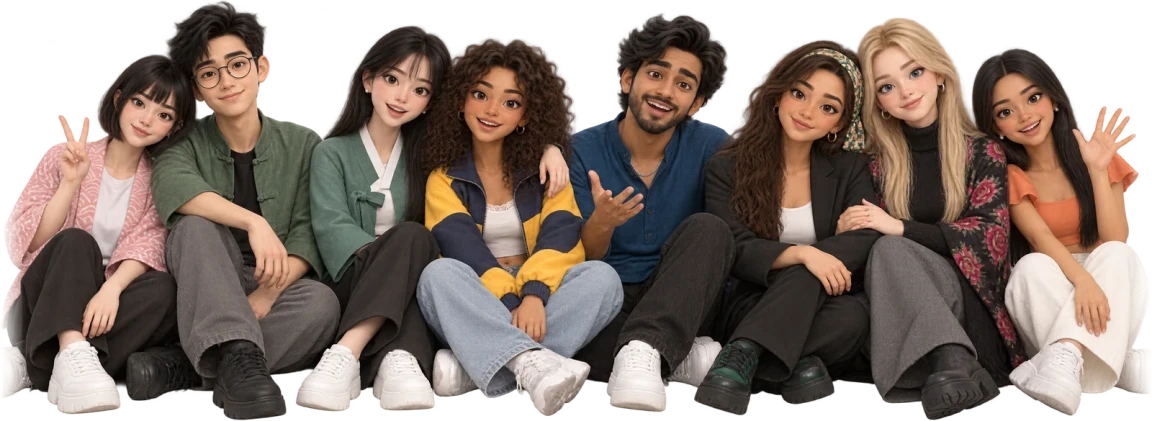 Sakura, Haoran, Seo-yeon, Beatriz, Rohan, Giulia, Anastasia and Angel sitting together and talking