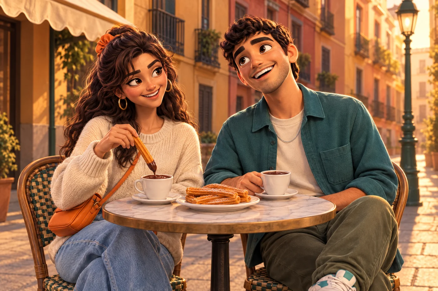 Pedro and María sharing churros and hot chocolate at a Madrid café terrace