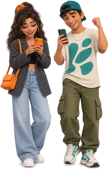 María and Pedro laughing at their phones