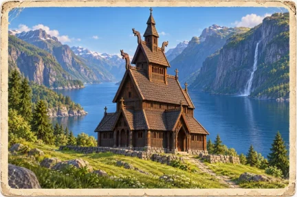 A stave church above a fjord