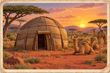 A Somali aqal, the domed nomad house, with camels resting beside it