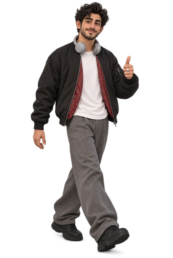 Amir, mid-stride with headphones around his neck, giving a thumbs-up