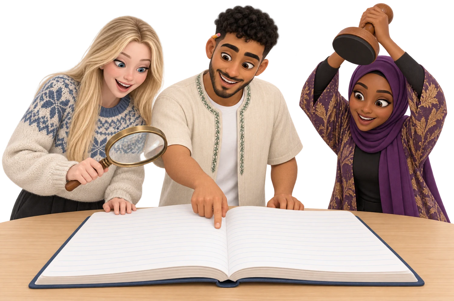Ingrid with a magnifying glass, Ahmed pointing at a line and Hodan raising a rubber stamp, all checking one huge blank notebook