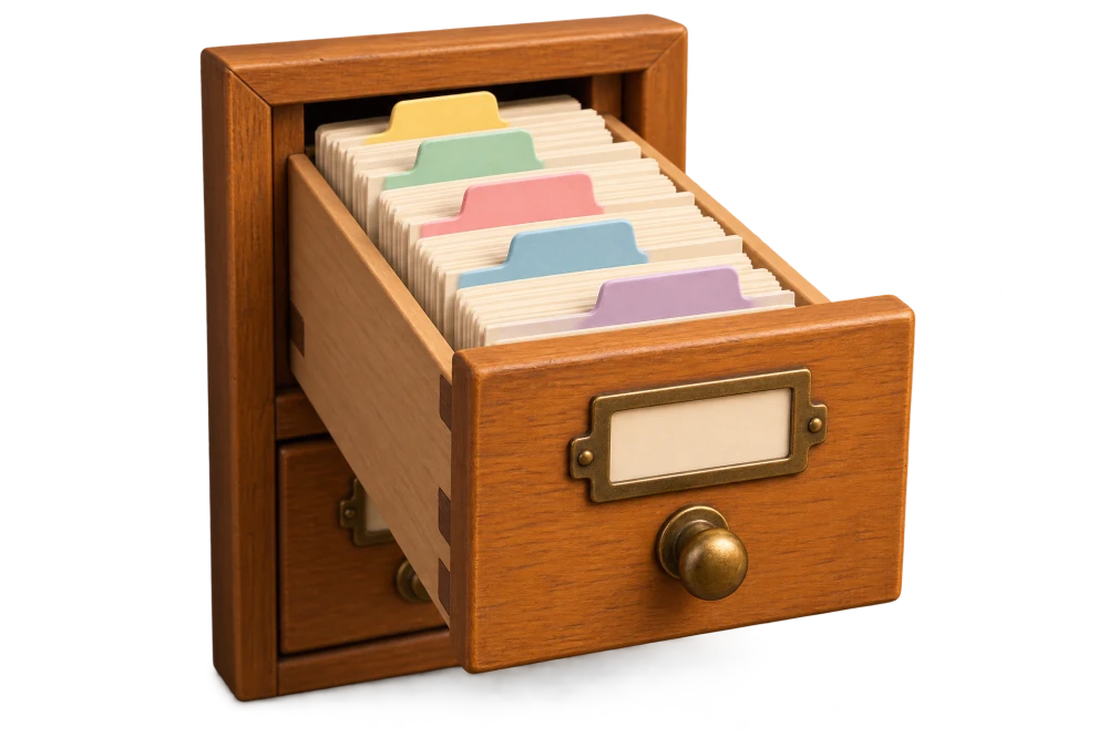 A card-catalogue drawer pulled open, full of cards with coloured tabs