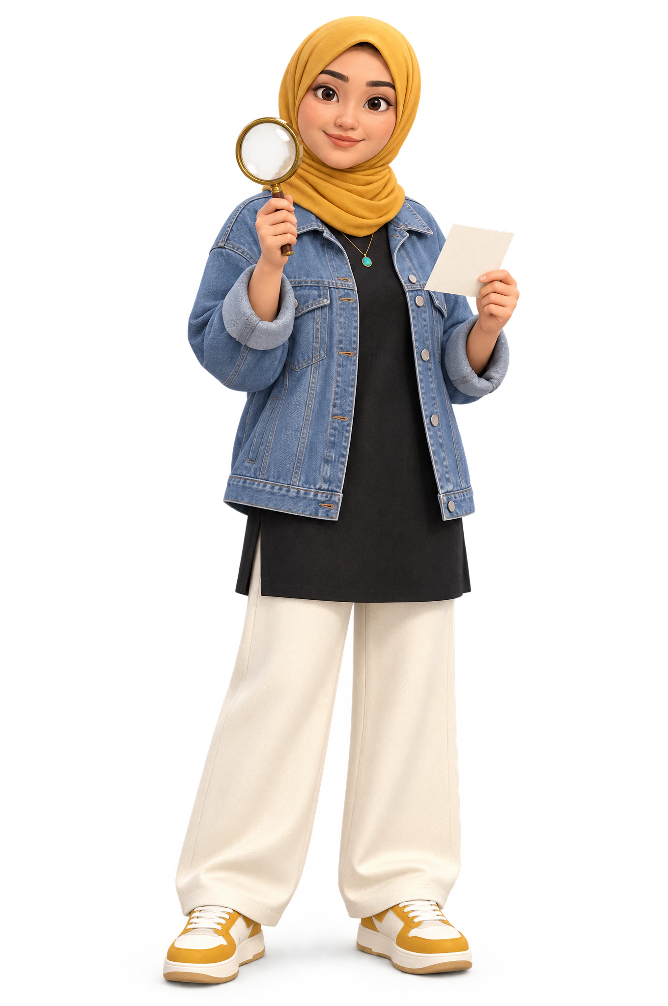 Fatemeh holding a magnifying glass and a blank note, reading closely with a small smile