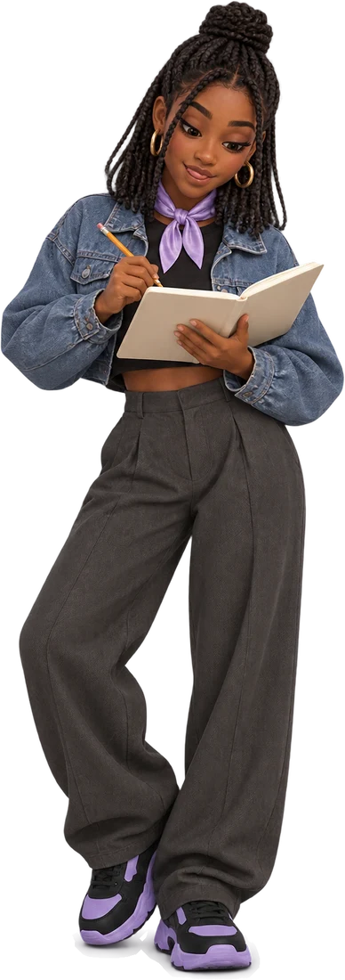 Léa writing in a notebook with a pencil