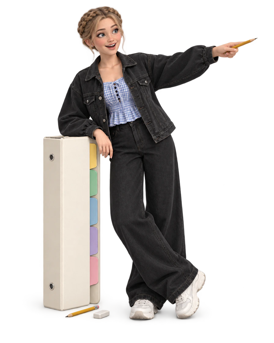 Lena leaning on a cream three-ring binder with colored tab dividers, pointing her pencil toward the contents