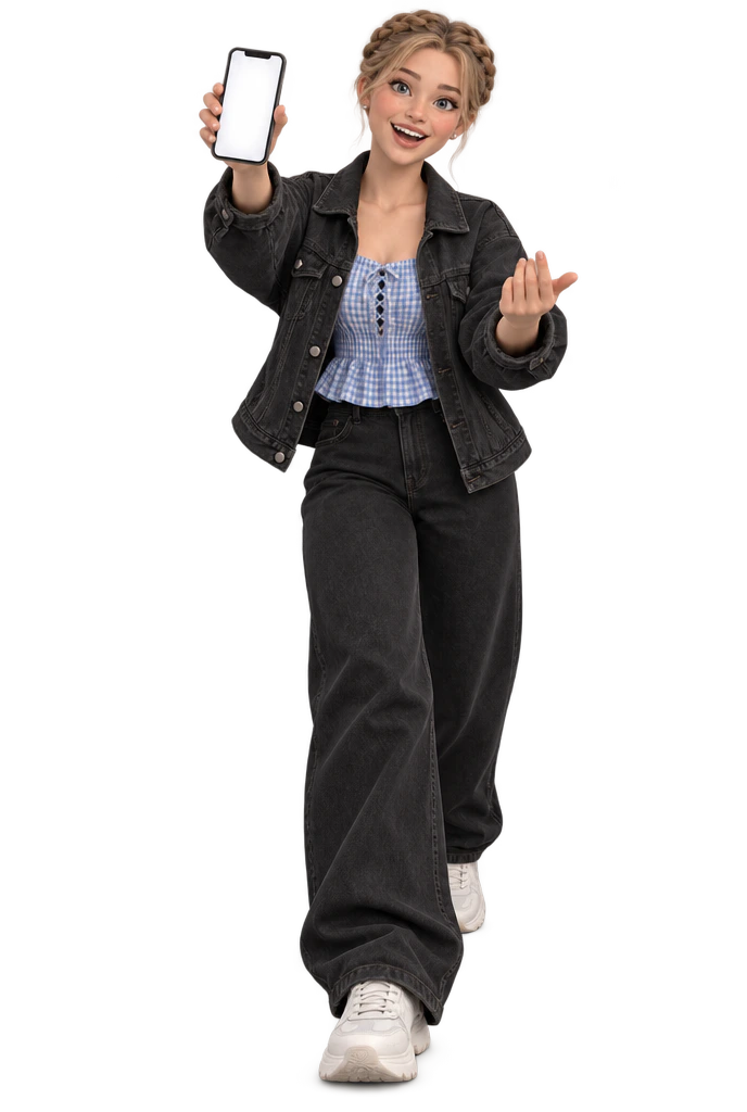 Lena stepping forward, laughing, holding up her phone and beckoning you over