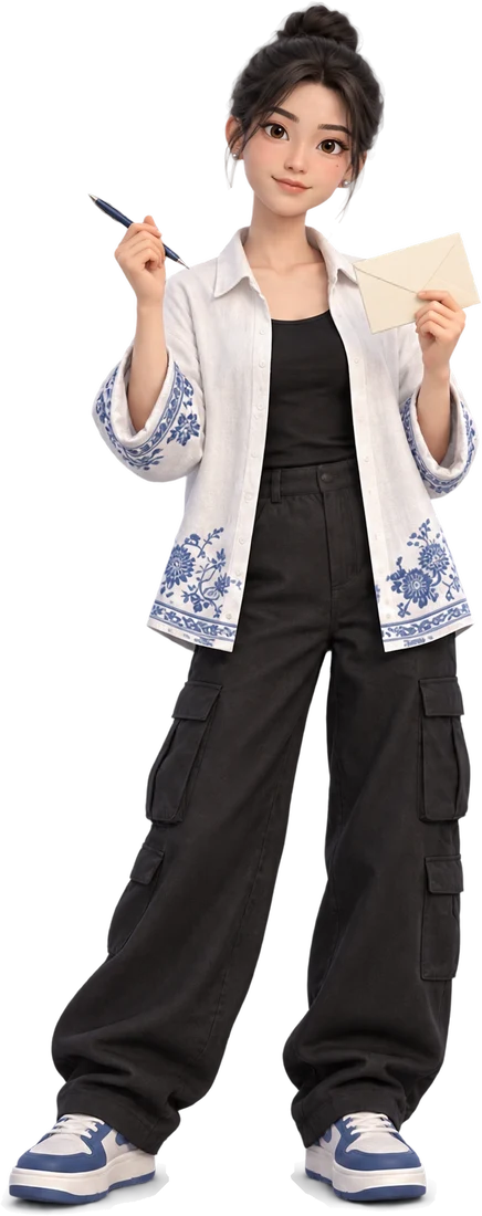 Yutong holding a pen and an envelope with a tiny amused smile