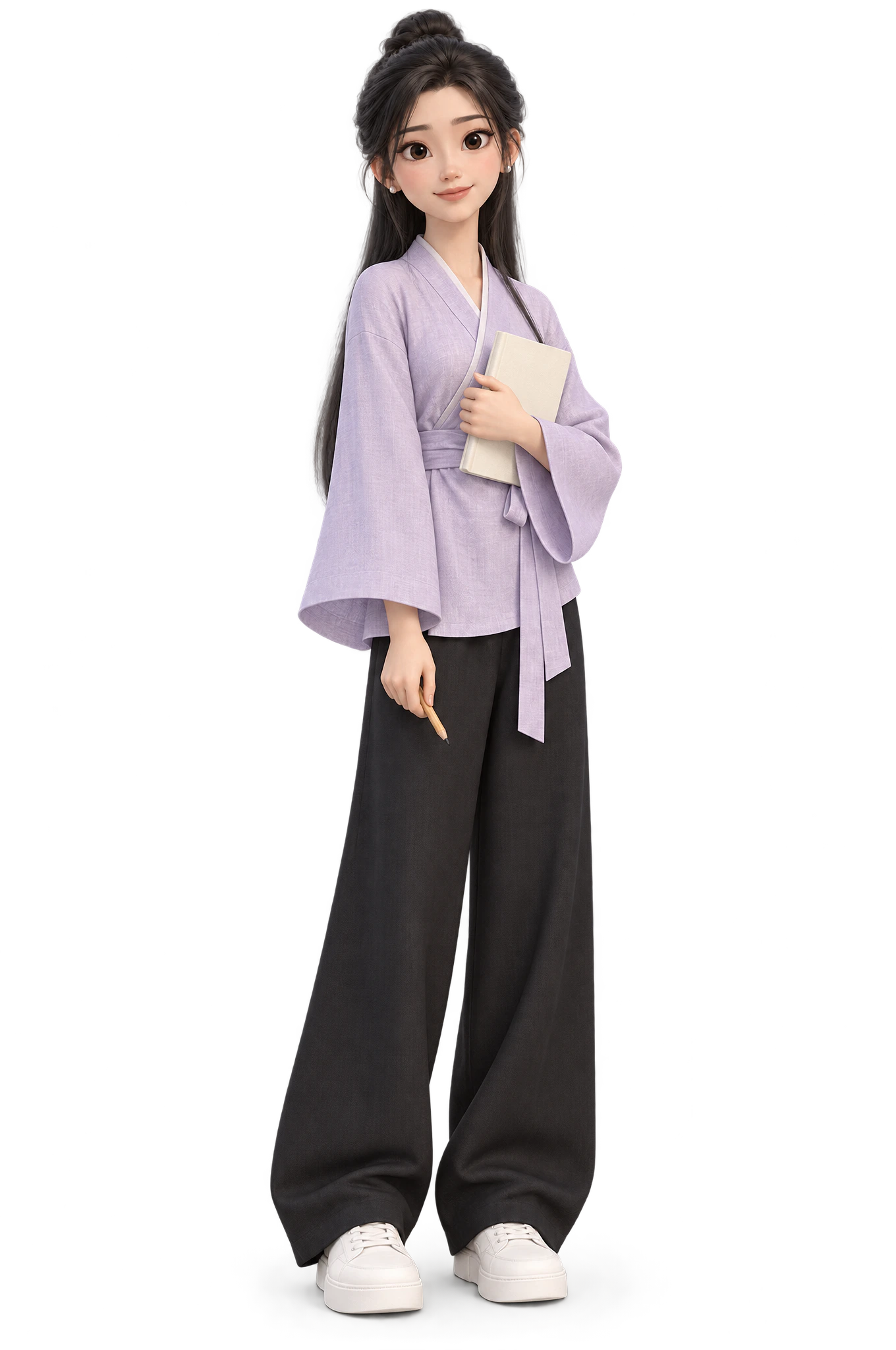 Zihan, holding a closed notebook and a pencil, looking back with a calm smile