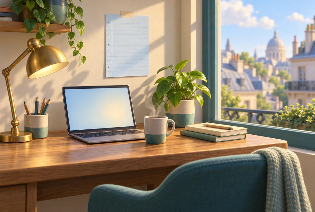 A one-person desk by a window: a laptop, a coffee mug, a plant and a stack of notebooks