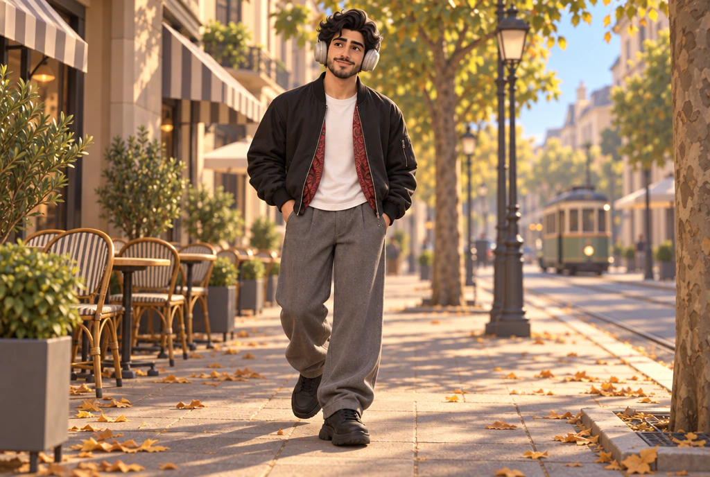 Amir walking down a sunny tree-lined street with headphones on